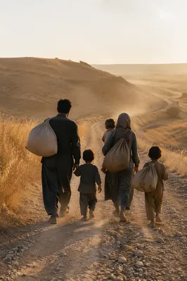Refugee Family on Dusty Rural Road