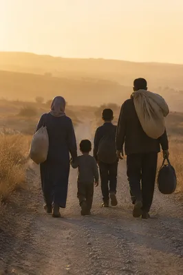 Refugee Family Walking Dusty Rural Road