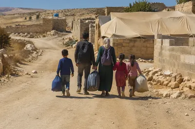 Refugee Family Walking Dusty Settlement Road
