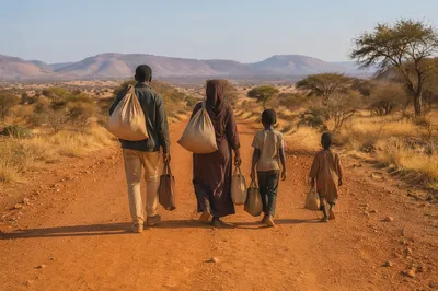 Refugee Family Walking Dusty Rural Road