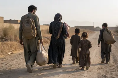 Refugee Family Walking a Dusty Rural Road