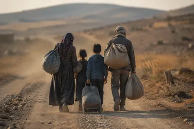 Refugee Family Walking a Dusty Road