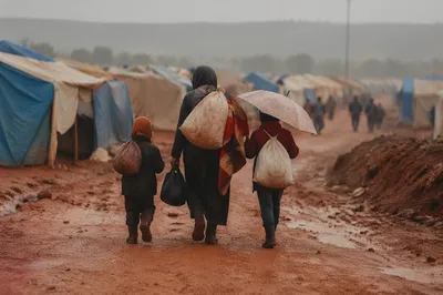 Refugee Family Walking Through Tent Settlement