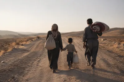 Refugee Family Walking Along Dusty Road