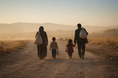 Refugee Family Walking Dusty Morning Road