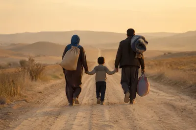 Refugee Family Walking Rural Dusty Road