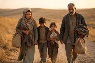 Refugee Family Walking on Dusty Road