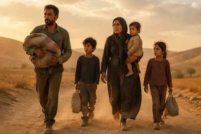 Refugee Family Walking on Dusty Road