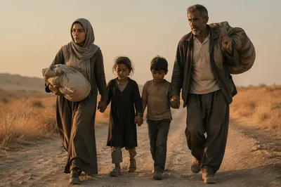 Refugee Family Walking on Dusty Road