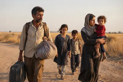 Refugee Family Walking Dusty Rural Road