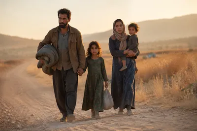 Refugee Family Walking on Dusty Road