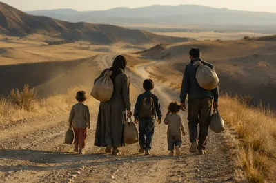 Refugee Family on Dusty Rural Road