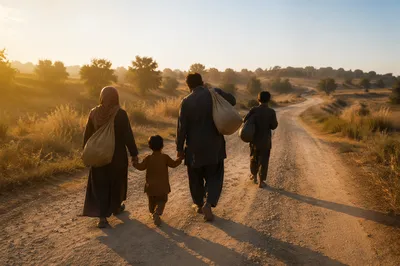 Refugee Family on Dusty Morning Road
