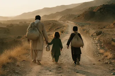 Refugee Family Journey on Dusty Road