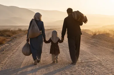Refugee Family Walking Toward Sunrise