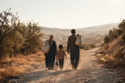 Refugee Family on Dusty Rural Road
