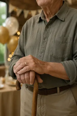 Retirement Celebration Hands with Cane Close-Up