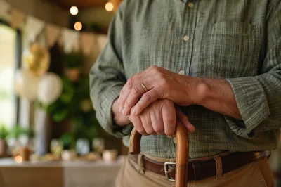 Retirement Celebration Hands with Cane Close-Up