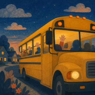 Children Waving From School Bus at Dusk