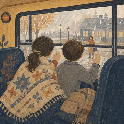 Children Waving Goodbye on School Bus
