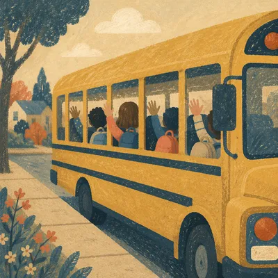 Children Waving From Yellow School Bus