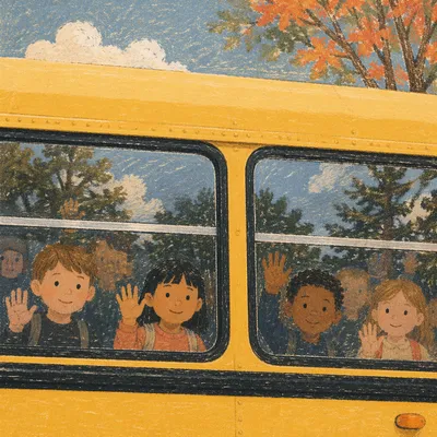 Children Waving From School Bus Window