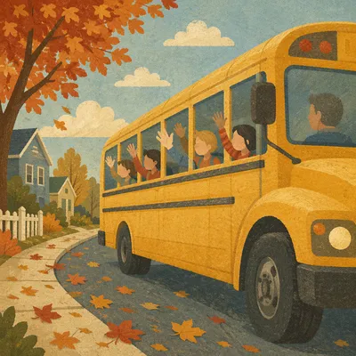 Children Waving from Autumn School Bus