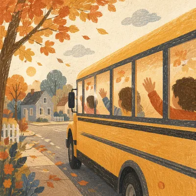 Children Waving from Yellow School Bus