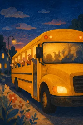 Children Waving From School Bus at Dusk