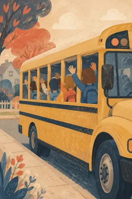 Children Waving from Yellow School Bus