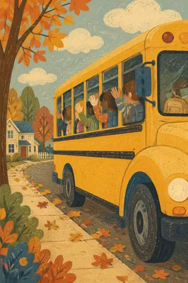Children Waving from Autumn School Bus