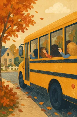 Children Waving from Yellow School Bus