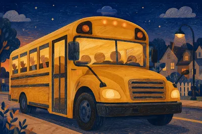 Children Waving From School Bus at Dusk