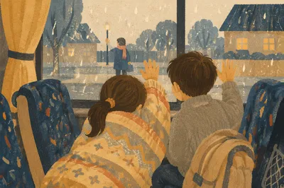 Children Waving Goodbye on School Bus