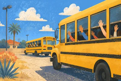 Cheerful Children Waving From School Bus