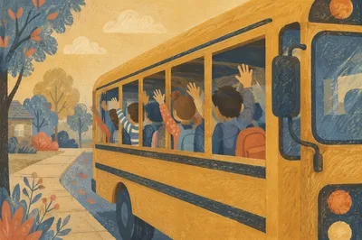 Children Waving From Yellow School Bus