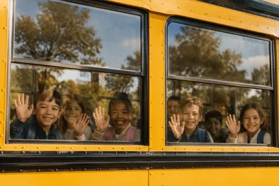 Children Waving From School Bus Window