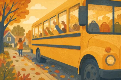 Children Waving From Yellow School Bus