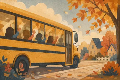 Children Waving From School Bus Windows