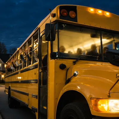 Children Waving From School Bus at Dusk