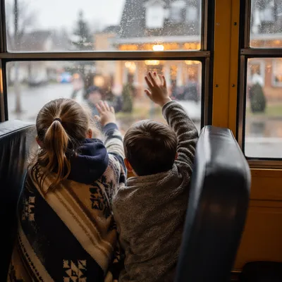 Children Waving Goodbye on Rainy School Bus
