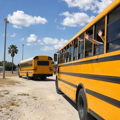 Children Waving from Sunny School Bus