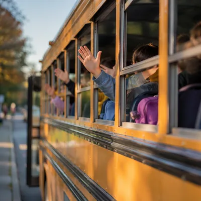 Children Waving from Yellow School Bus