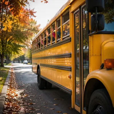 Children Waving from School Bus Window