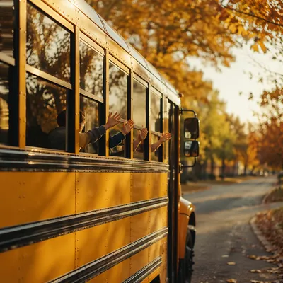 Children Waving from Yellow School Bus