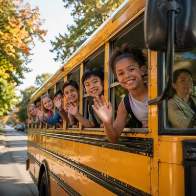 Children Waving from Yellow School Bus