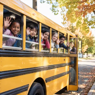 Children Waving from Yellow School Bus