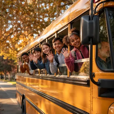 School Children Waving from Yellow Bus