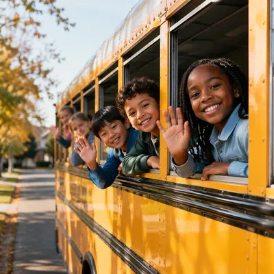 Children Waving from Yellow School Bus