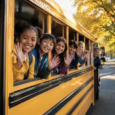 Children Waving from Yellow School Bus
